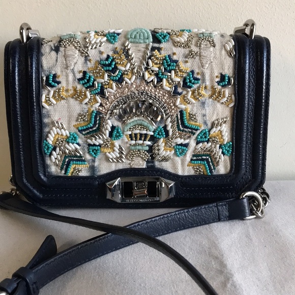 EUC Rebecca Minkoff bag Boho beaded LOVE crossbody Festival Beauty blue leather - Picture 12 of 13